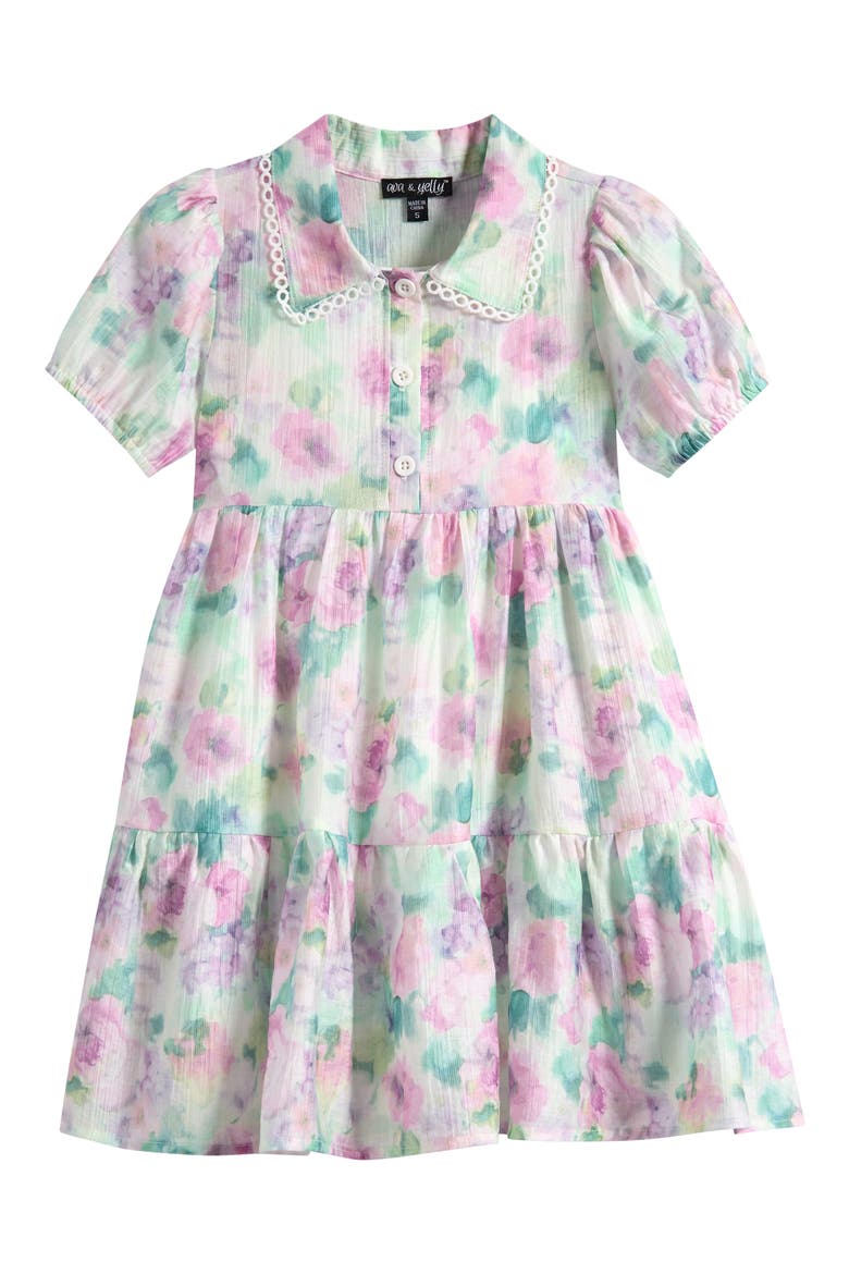 Kids' Floral Puff Sleeve Tiered Party Shirtdress, Main, color, LILAC