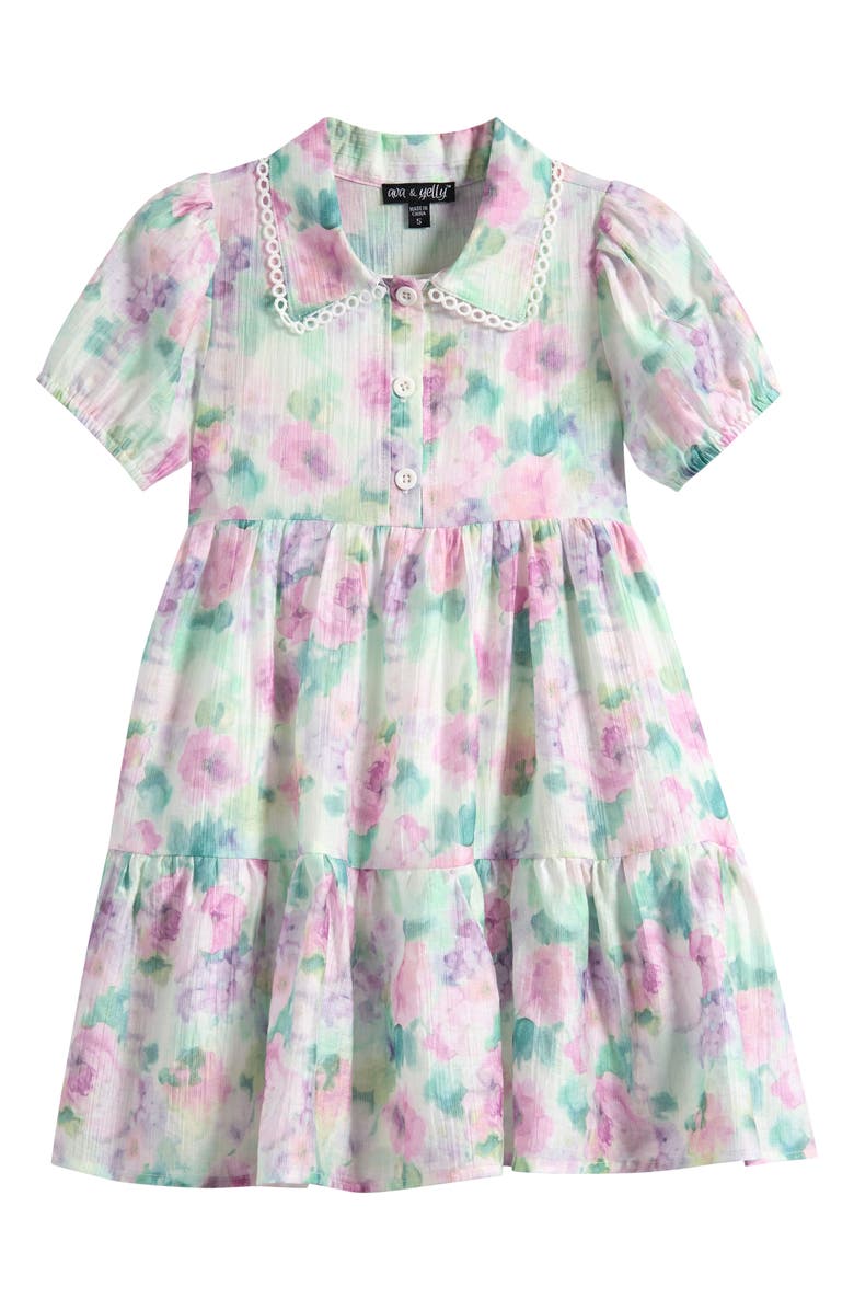 Ava & Yelly Kids' Floral Puff Sleeve Tiered Party Shirtdress, Main, color, Lilac
