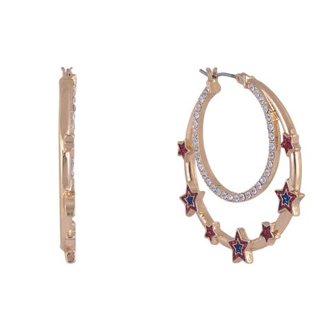 Double Stone Hoop Earrings with Red and Blue Star Accents