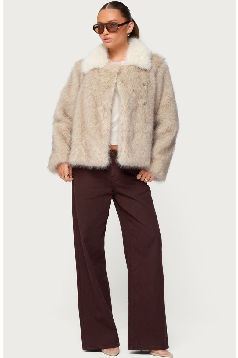 Contrast Collar Faux Fur Jacket, Alternate, color, TAN