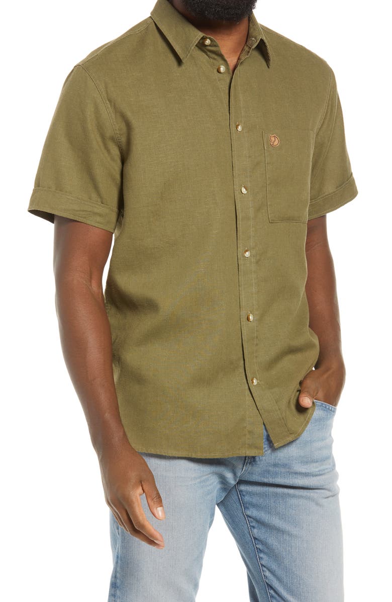 Fjällräven Ovik Travel Short Sleeve Button-Up Shirt, Main, color, Green