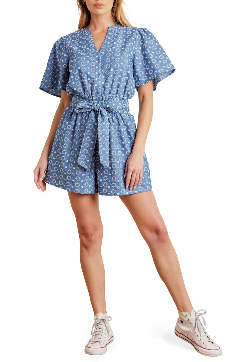 FLYING TOMATO Embroidered Romper, Main, color, Light Indigo