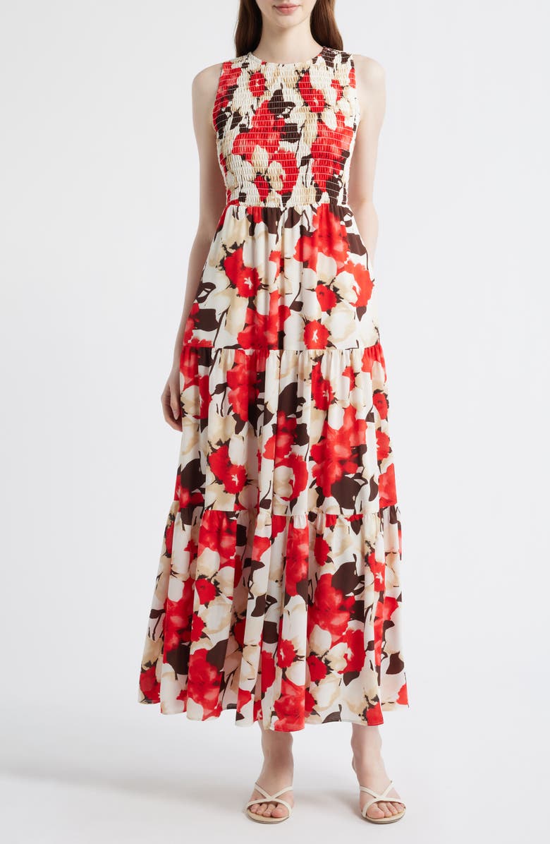 Anne Klein Smocked Bodice Sleeveless Flared Maxi Dress, Main, color, White Dove Multi