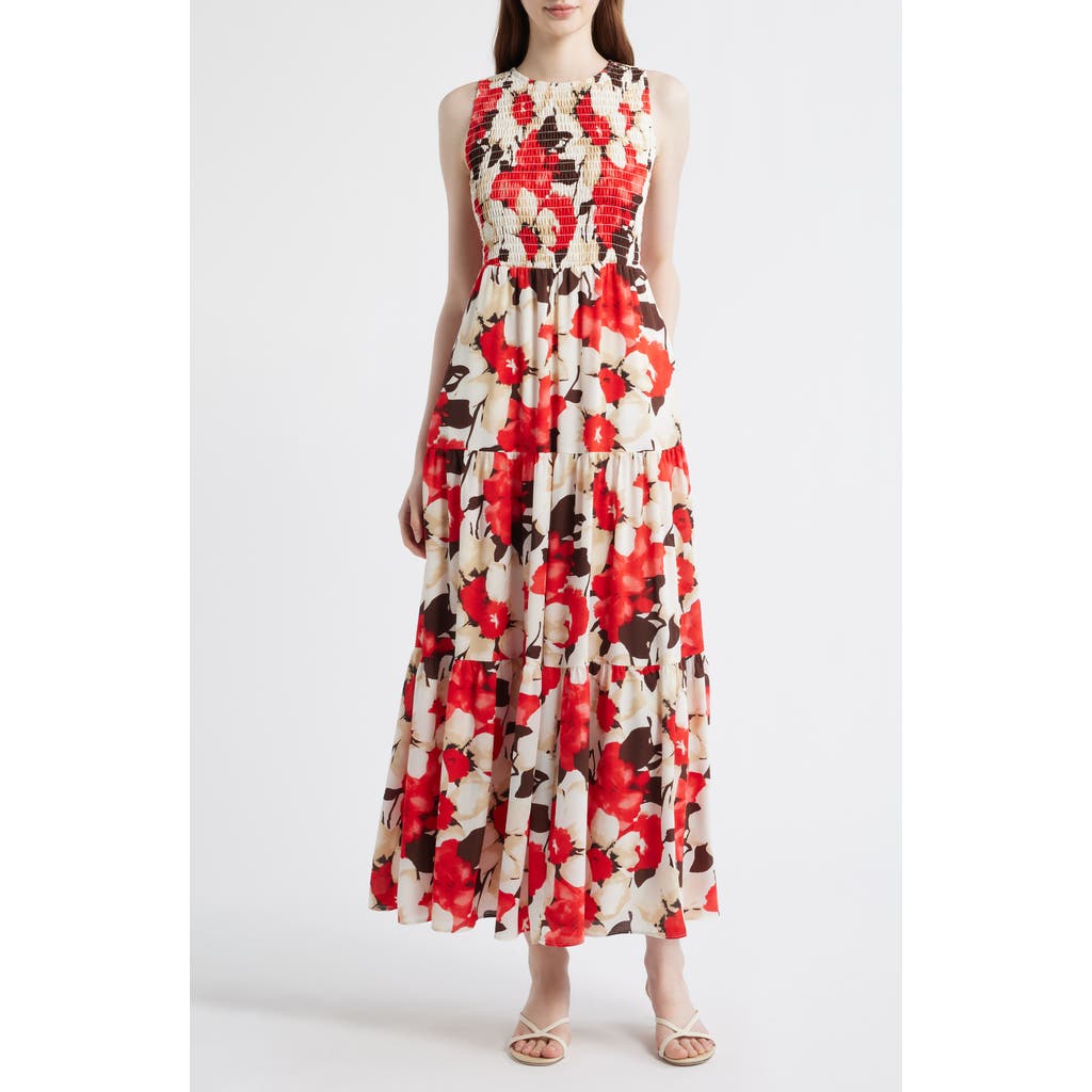 Anne Klein Smocked Bodice Sleeveless Flared Maxi Dress in White Dove Multi at Nordstrom, Size Medium