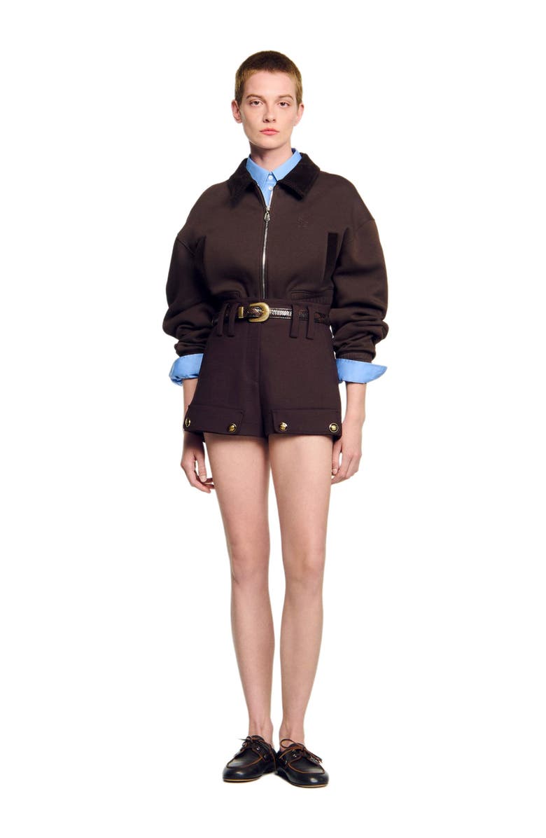 SANDRO Cropped dual-fabric sweatshirt, Alternate, color, Brown