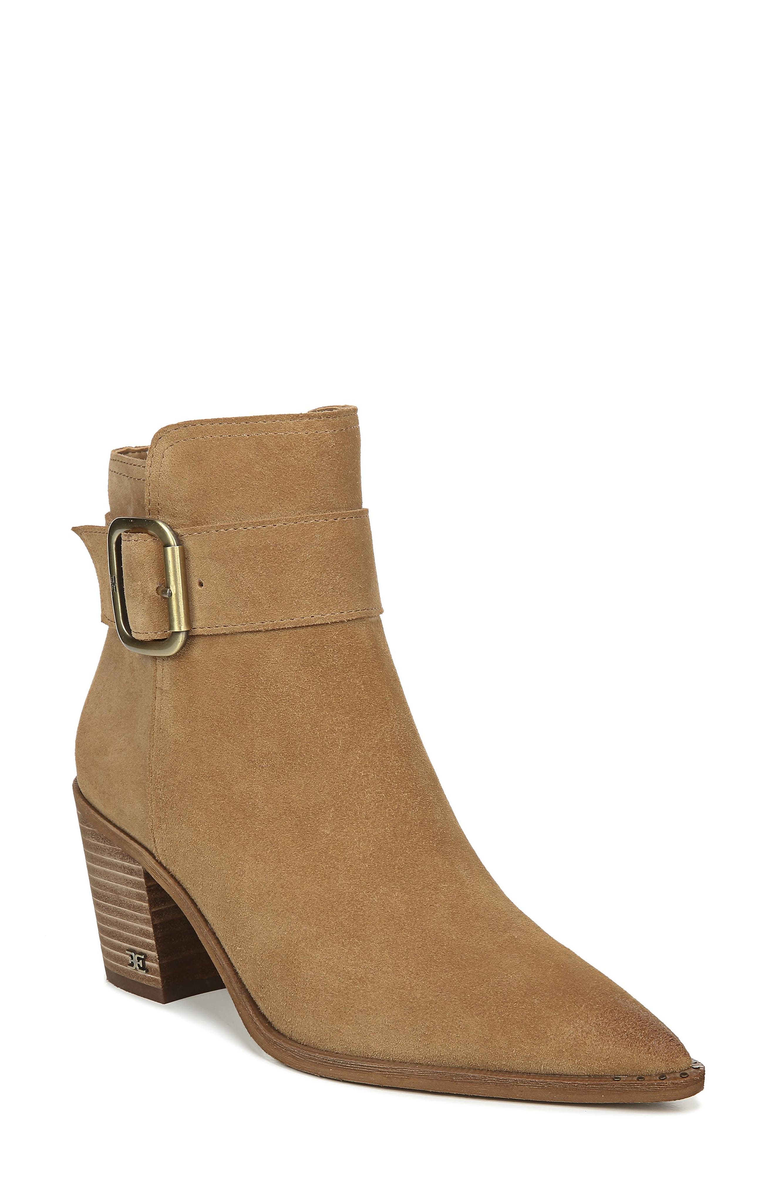 Leonia Pointed Toe Bootie, Main, color, GOLDEN CARAMEL SUEDE