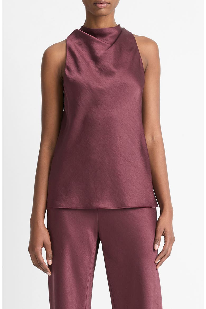 Cowl Neck Hammered Satin Sleeveless Top, Main, color, BLACK ROSE