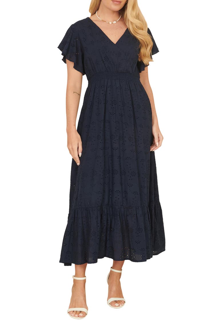 Cotton Broderie Anglaise Wrap Midi Dress, Alternate, color, Navy