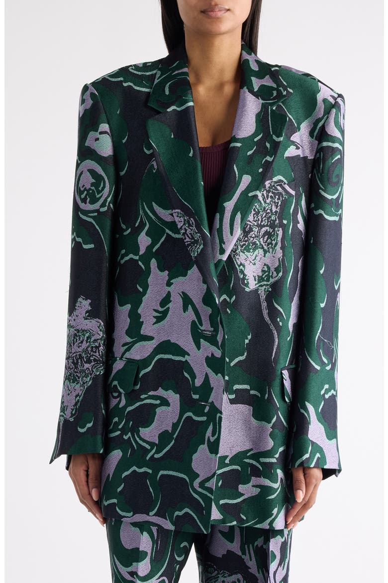 Bastis Abstract Floral Jacquard Single Breasted Crepe Blazer, Main, color, DARK GREEN