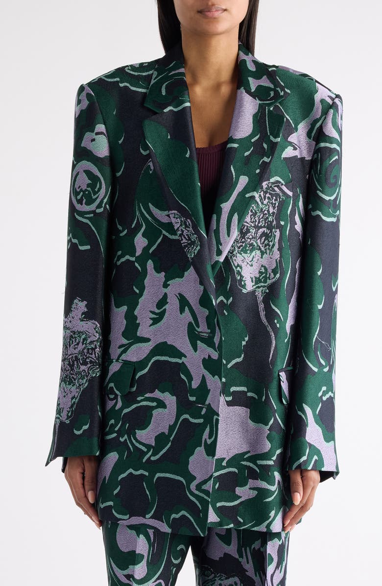 Dries Van Noten Bastis Abstract Floral Jacquard Single Breasted Crepe Blazer, Main, color, Dark Green