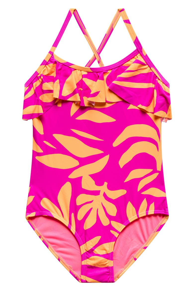 Kids' Ruffle Crisscross Strap One-Piece Swimsuit, Main, color, CYBER PINK