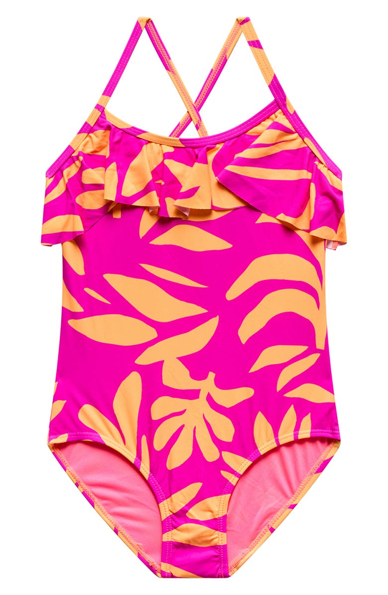 Beach Lingo Kids' Ruffle Crisscross Strap One-Piece Swimsuit, Main, color, Cyber Pink