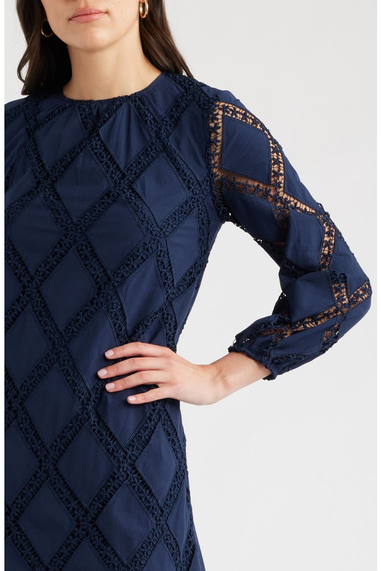 Lace Lattice Long Sleeve Cotton Dress, Alternate, color, NAVY STILL