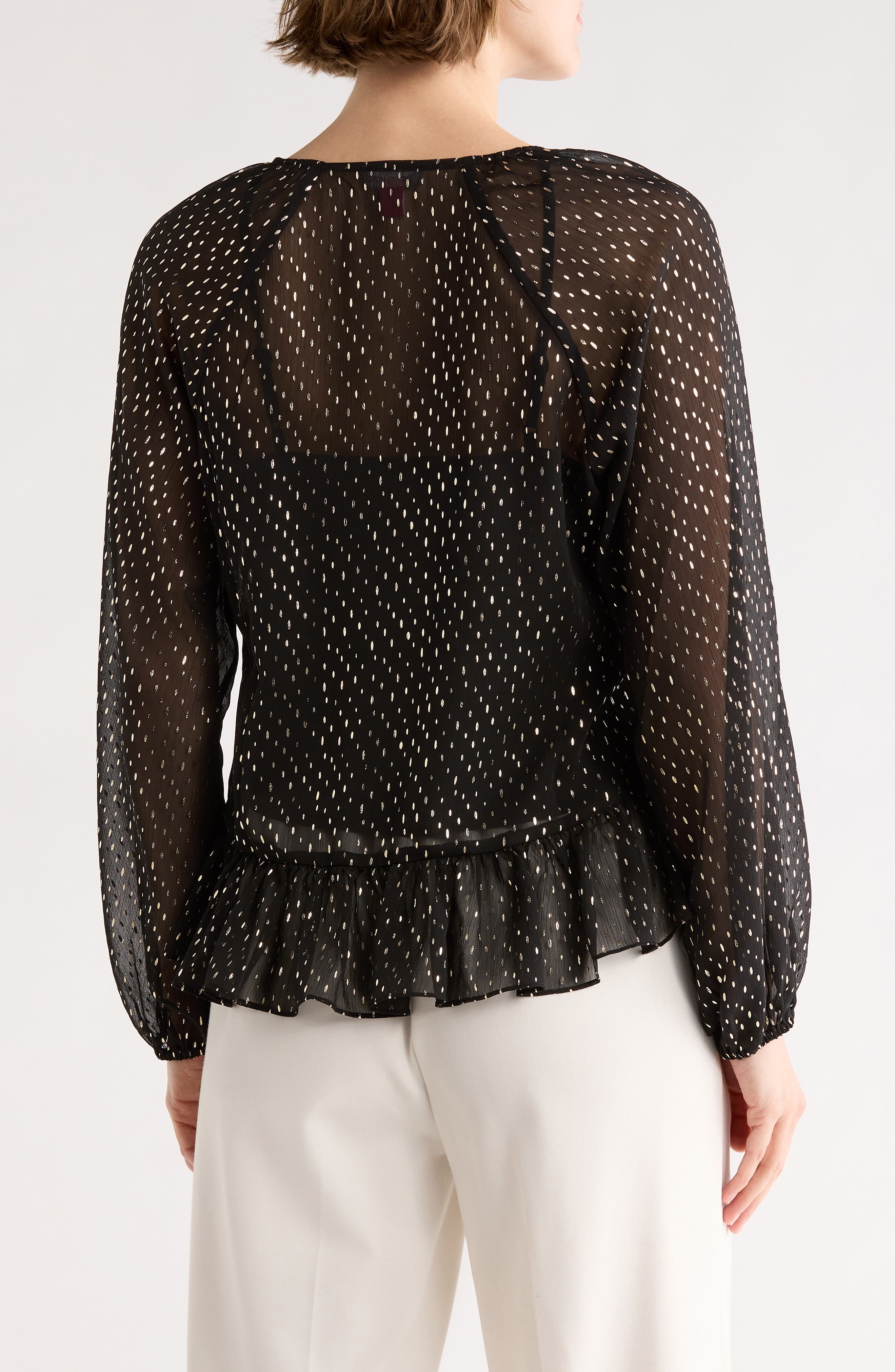 Metallic Print Ruffle Sleeve Chiffon Top - image 2