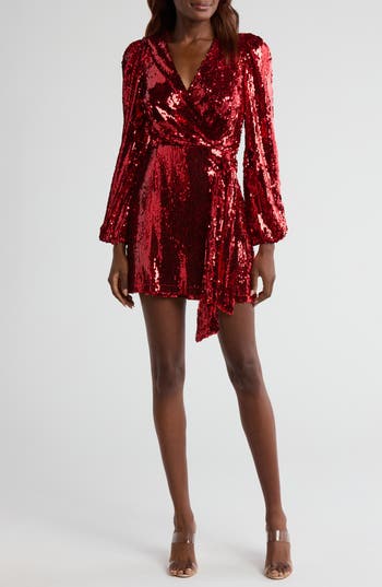 WAYF WAYF FLASH SEQUIN LONG SLEEVE FAUX WRAP MINIDRESS