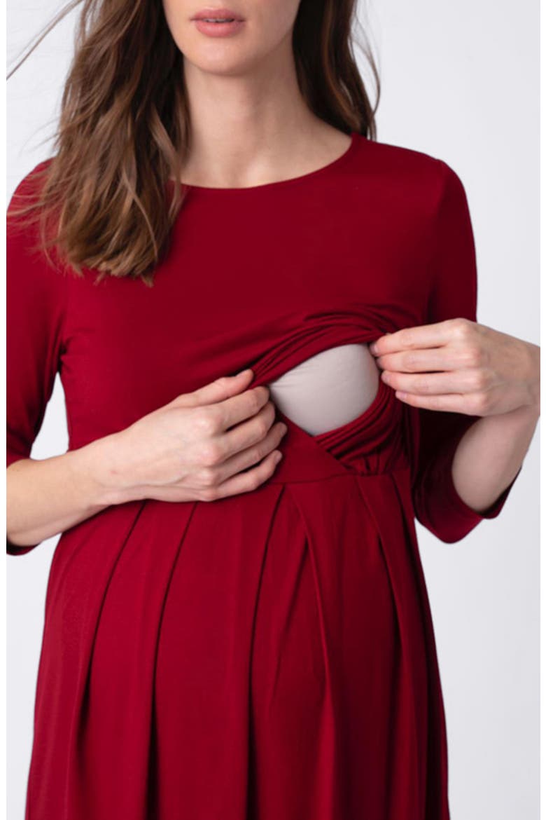 Pleated Waist Maternity/Nursing Dress, Alternate, color, DARK RED