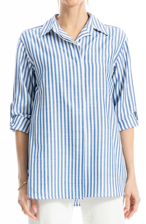 Stripe Oversize Long Sleeve Button-Up Tunic