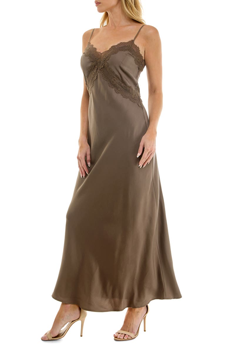 Bias Cut Lace Trim Satin Slipdress, Alternate, color, MOCHA