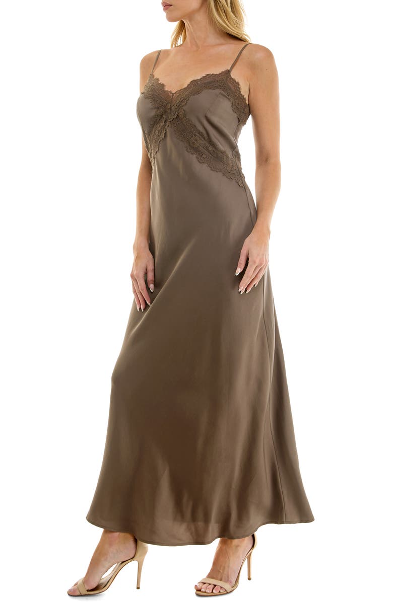 Socialite Bias Cut Lace Trim Satin Slipdress, Alternate, color, Mocha