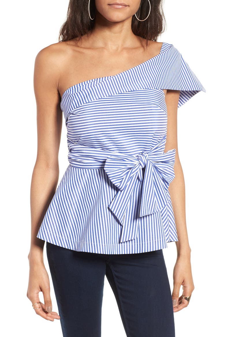 Stripe One-Shoulder Peplum Top, Main, color, BLUE/ WHITE