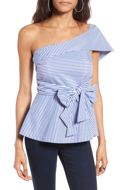 【mnem】Stripe One Shoulder Off Tee Long Sleeve Metallic Stripe One-Shoulder Top