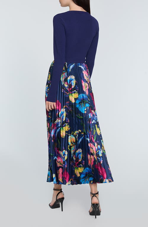 Shop Elie Tahari The Maeve Mixed Media Long Sleeve Dress In Daphne Blue With Daphne Garden