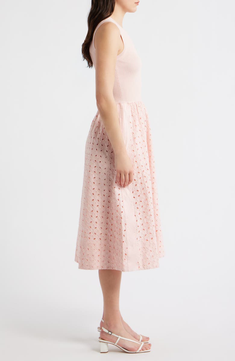 Elie Tahari Emma Sleeveless Rib & Broderie Anglaise Dress, Alternate, color, Pale Blush