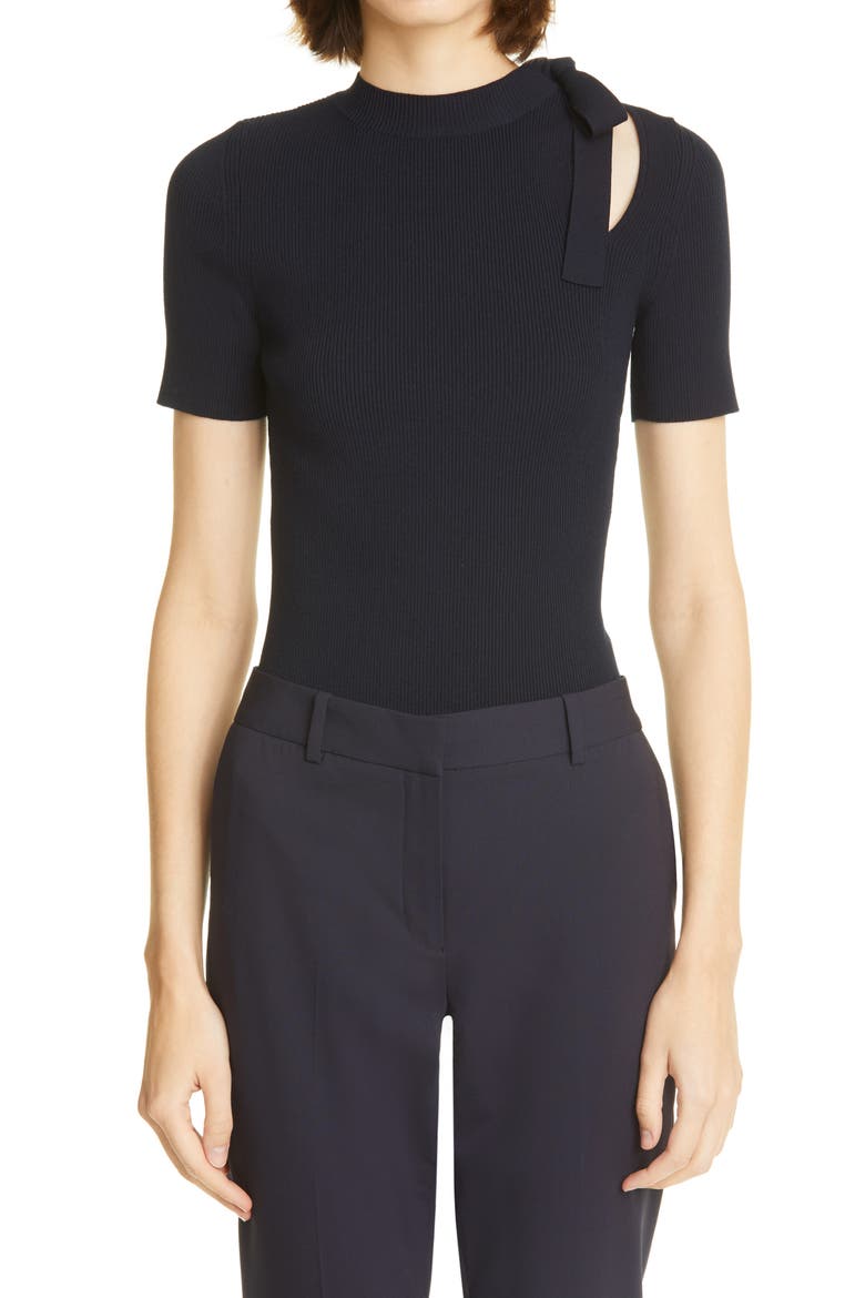 Rib Cutout Tie Detail Silk Sweater, Main, color, NAVY