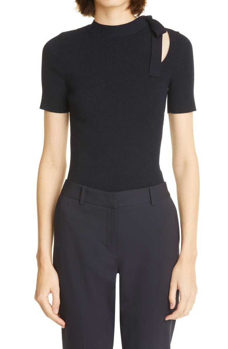Oscar de la Renta Rib Cutout Tie Detail Silk Sweater, Main, color, 