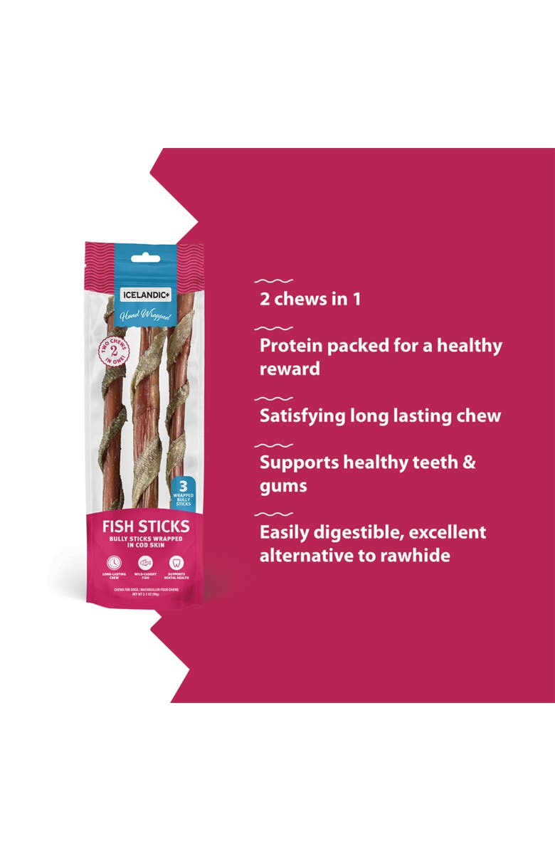 ICELANDIC+ Fish Sticks - Bully Stick Wrapped In Cod Skin 3 Pack, 12" Dog Treats, Alternate, color, Multicolored