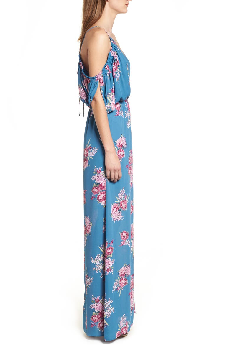Cold Shoulder Maxi Dress, Alternate, color, TEAL FLORAL