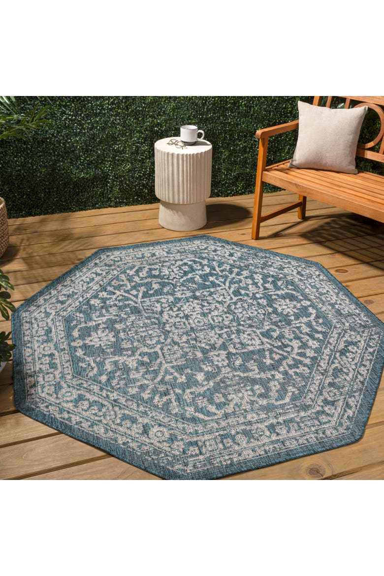 Malta Bohemian Medallion Textured Weave Octagon Indoor/Outdoor Area Rug, Alternate, color, Teal/Gray