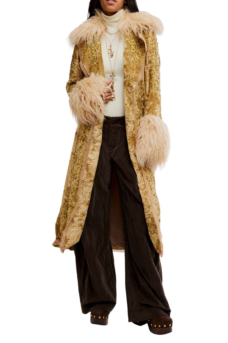 Pyre Embellished Faux Fur Detail Crushed Velvet Jacket, Main, color, GOLD COMBO