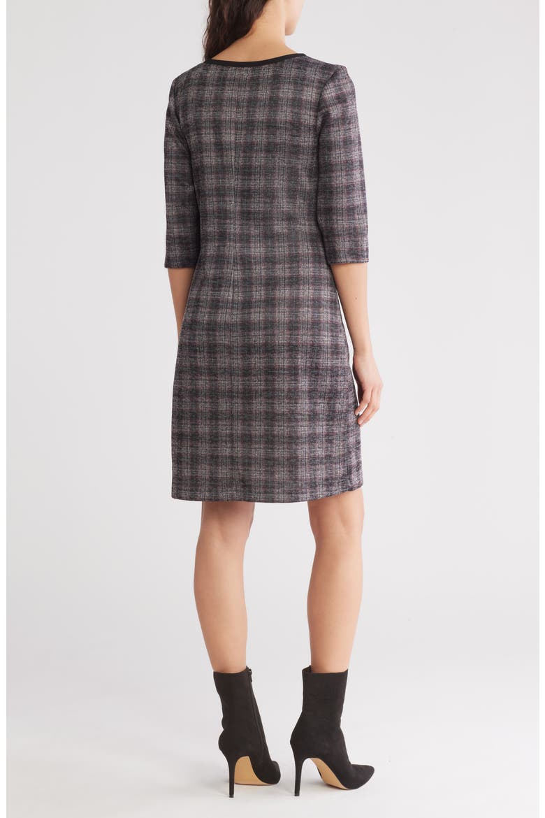 Three Quarter Sleeve Plaid Dress, Alternate, color, BLACK