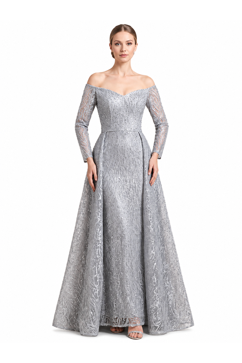Off Shoulder Overskirt Gown, Main, color, Slate