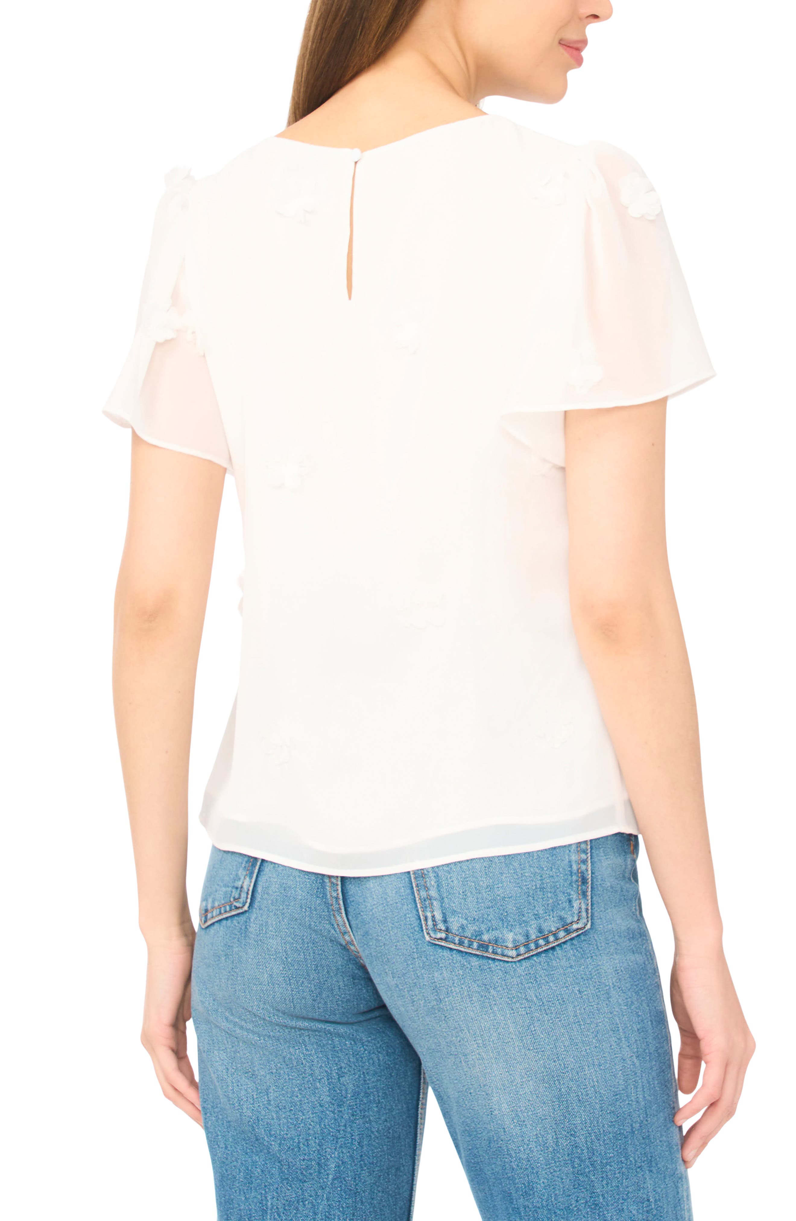Floral Applique Flutter Sleeve V-Neck Chiffon Top - image 2