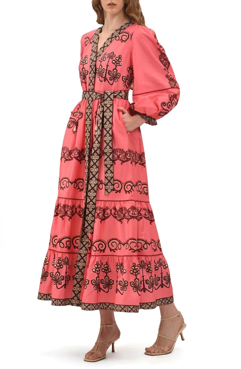 Celina Moon Myrna Floral Long Sleeve Cotton Maxi Dress, Alternate, color, Coral/ Brown