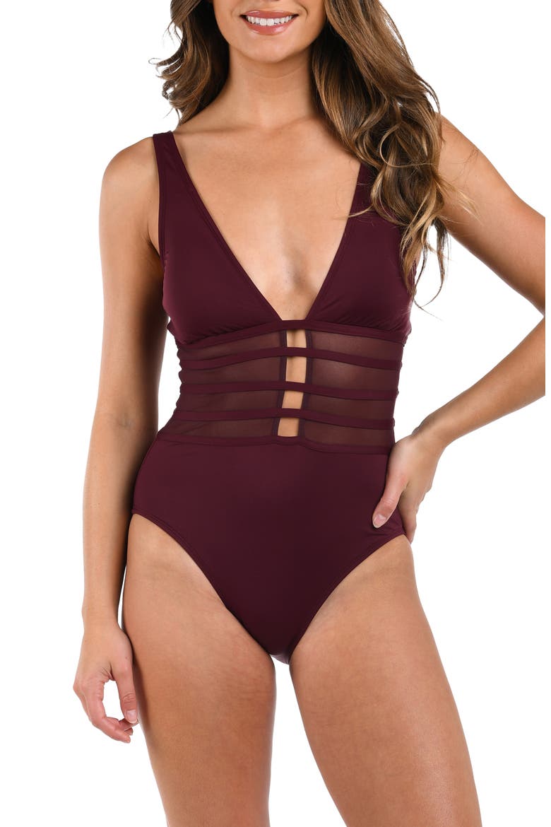 Strappy Mesh Inset One-Piece Swimsuit, Main, color, DARK CHERRY