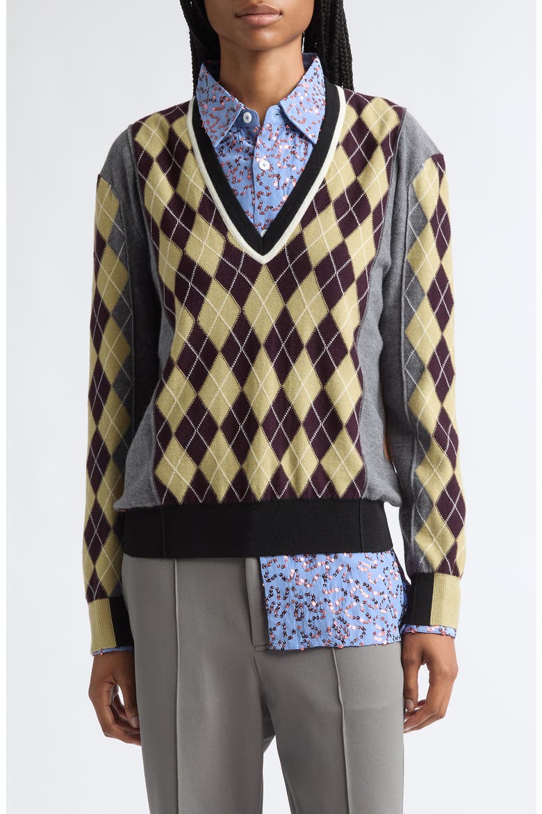Teddy Colorblock Argyle Merino Wool Sweater, Main, color, GREY MELANGE MULTI