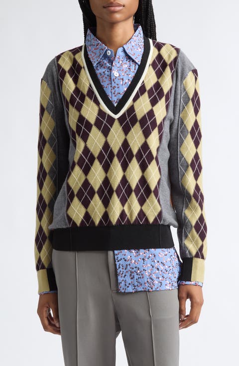Teddy Colorblock Argyle Merino Wool Sweater