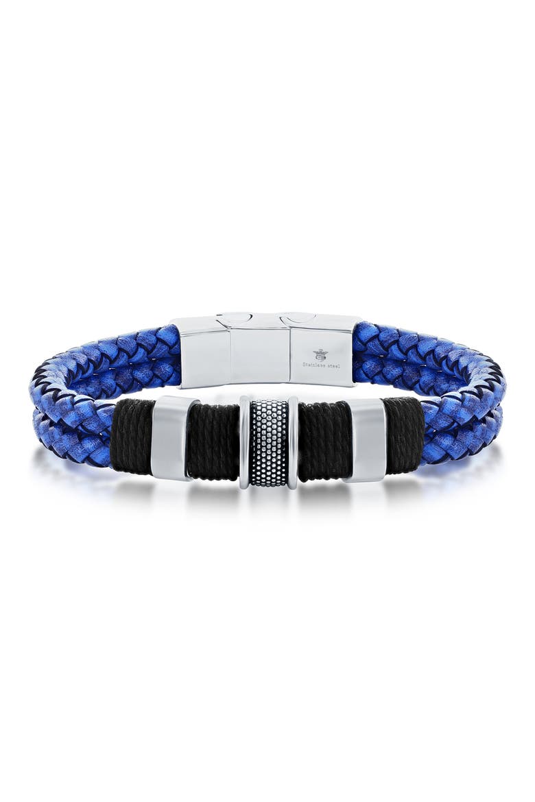 Men's Braided Leather & Stainless Steel Bracelet, Main, color, BLUE