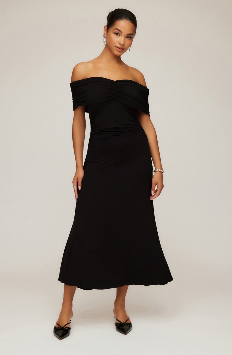 FIFTEEN TWENTY Ella Ruched Off the Shoulder Midi Dress, Alternate, color, Black