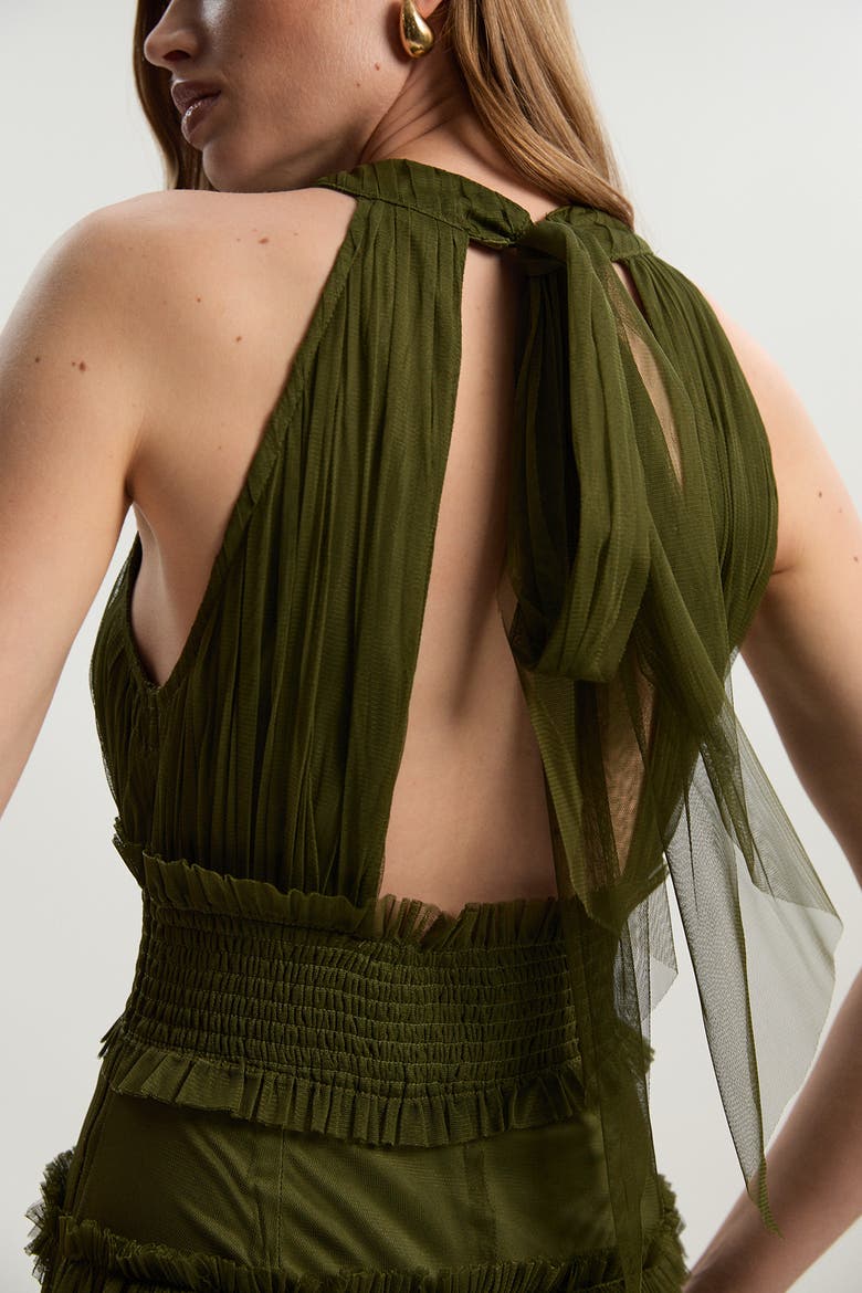 Tulle Layered Halter Neck Maxi Dress, Alternate, color, Khaki