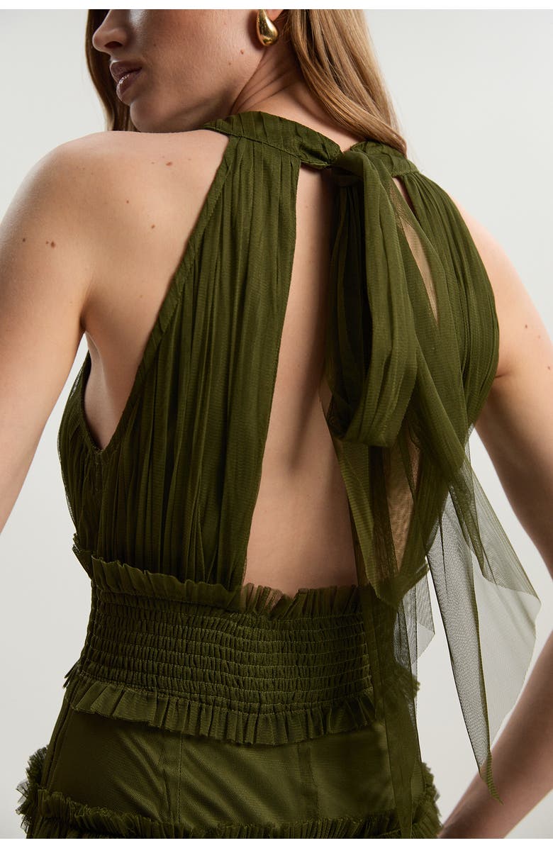 Karen Millen Tulle Layered Halter Neck Maxi Dress, Alternate, color, Khaki