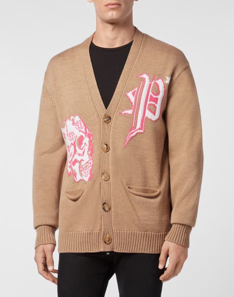 Merino Wool Cardigan Short Jacquard Skull Men
