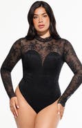 Popilush Shapewear Mock Neck Long Sleeve Floral Lace Bodysuit