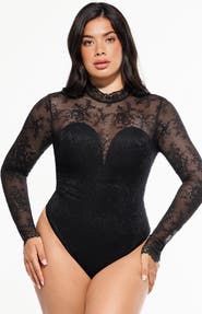 Popilush Shapewear Mock Neck Long Sleeve Floral Lace Bodysuit