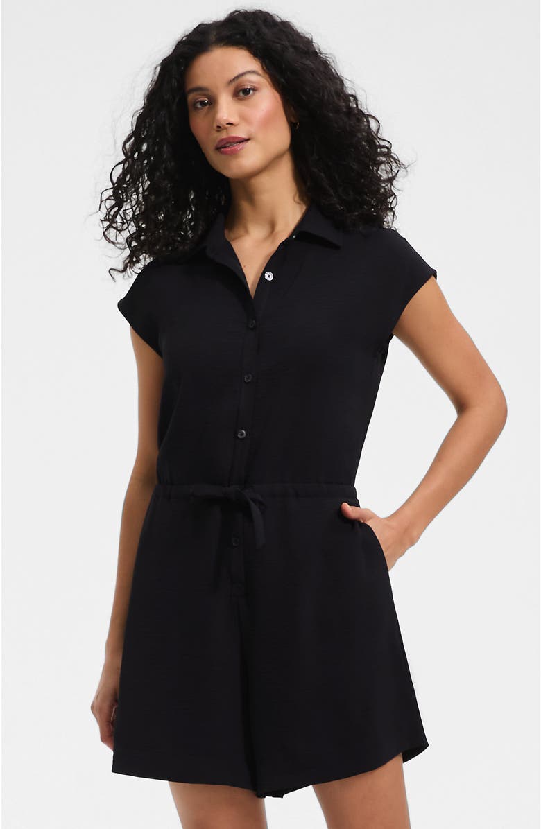 Lands' End Cap Sleeve Creaseless Button-Down Romper, Main, color, Black