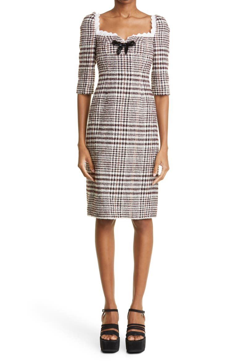Lace Trim Check Cotton, Wool & Alpaca Blend Dress, Main, color, BROWN