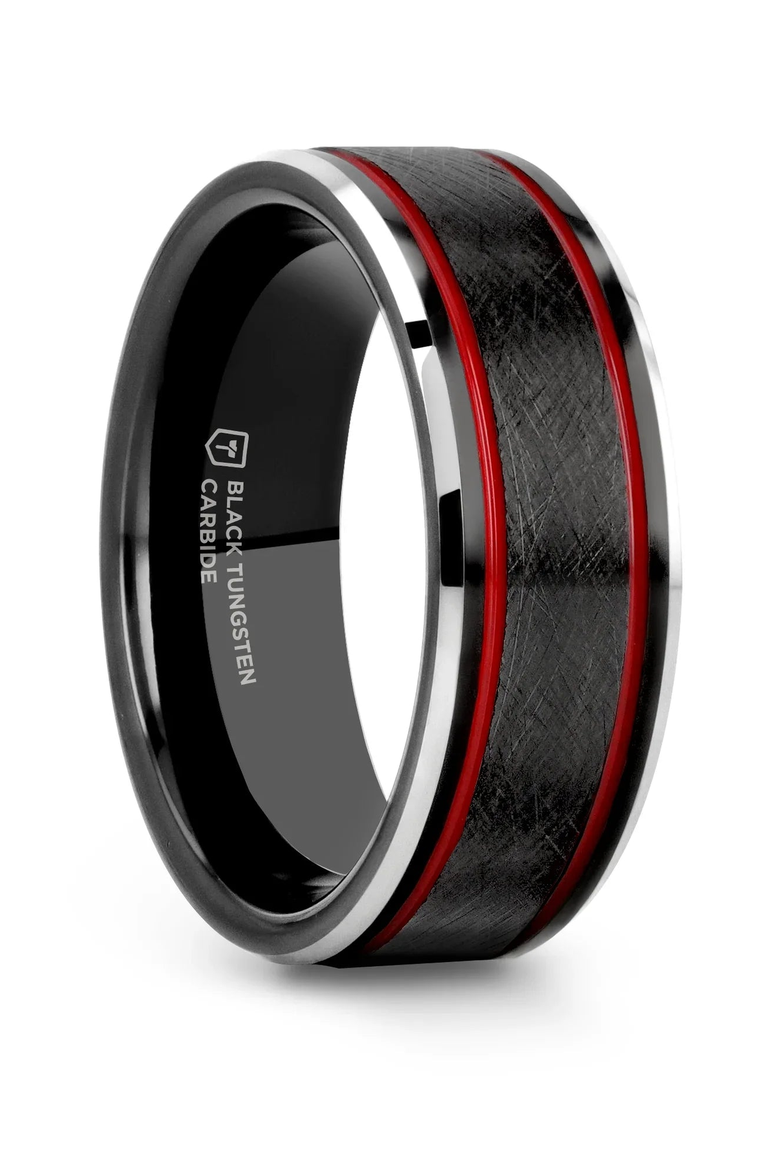 Olis Wire Finish Tungsten Wedding Band, Main, color, Black / Red